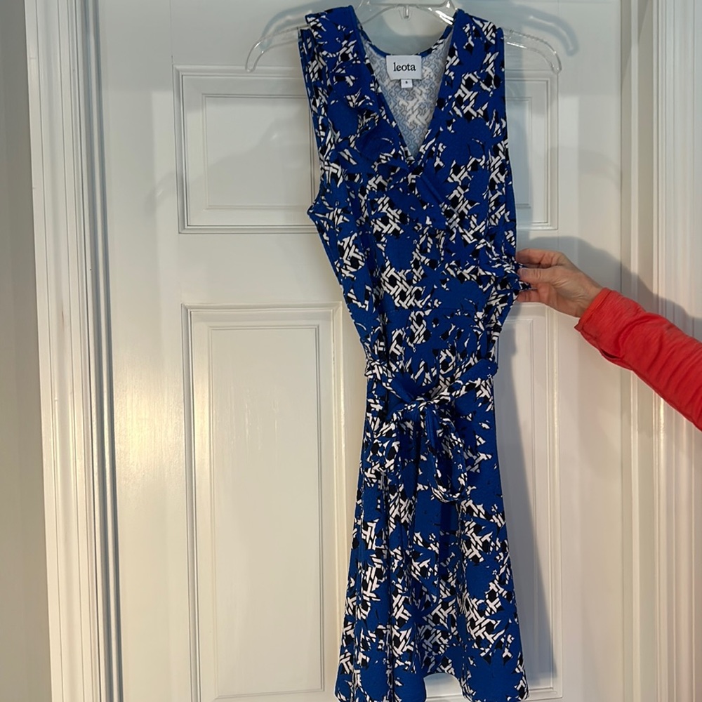 Leota size small blue and white dress faux wrap with ruffle